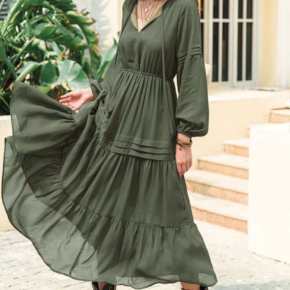 Army Green Boho Women's Chiffon V-Neck Tie Elegant Long Dresses